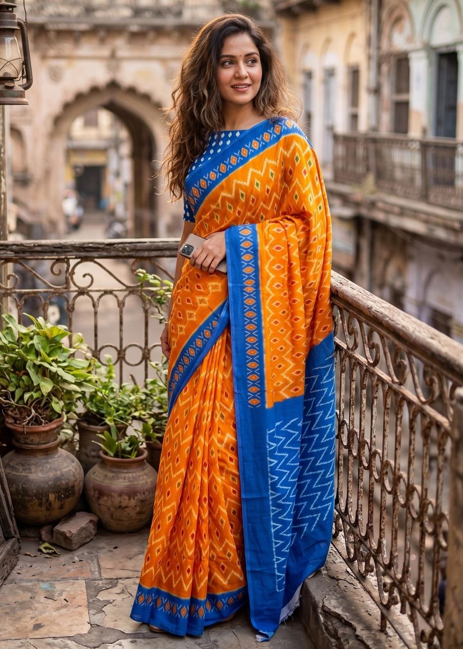 Opportunity print mulmul cotton yellow saree