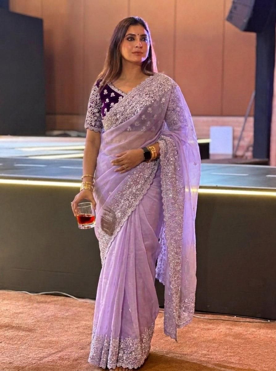 Availability embroidery banglory silk purple saree