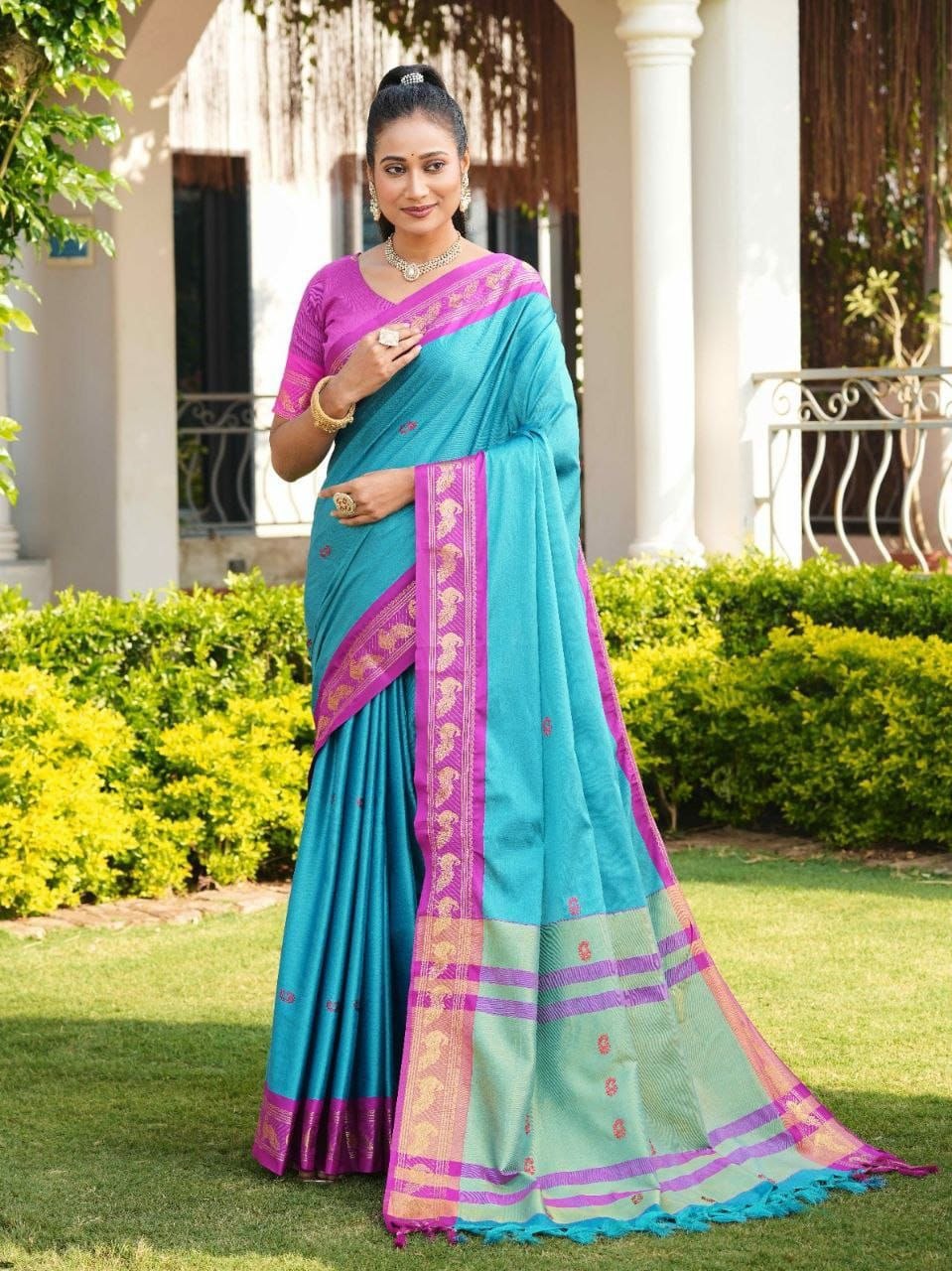 Zari weaving silk blue saree
