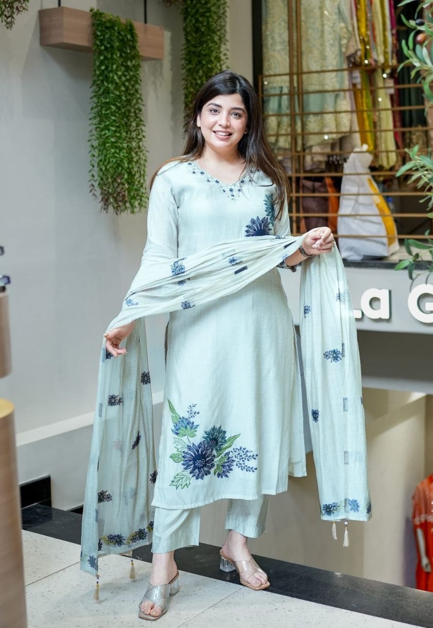 Assured printed cotton linen sky blue kurti pant dupatta