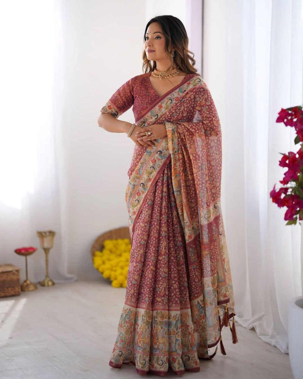 Premium linen cotton maroon saree