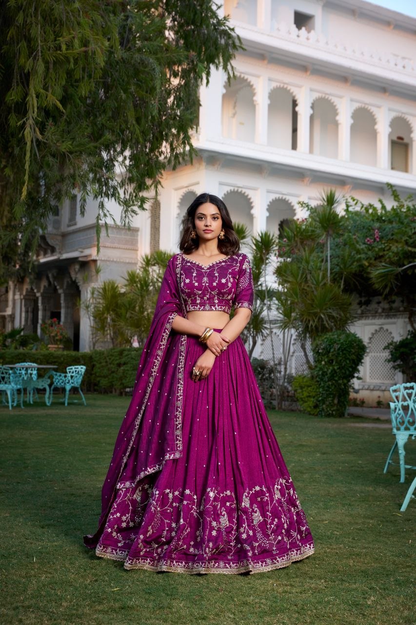 Superb embroidery thread vichitra silk wine lehenga choli