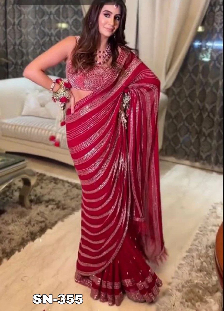 Gorgeous sequence georgette silk red saree