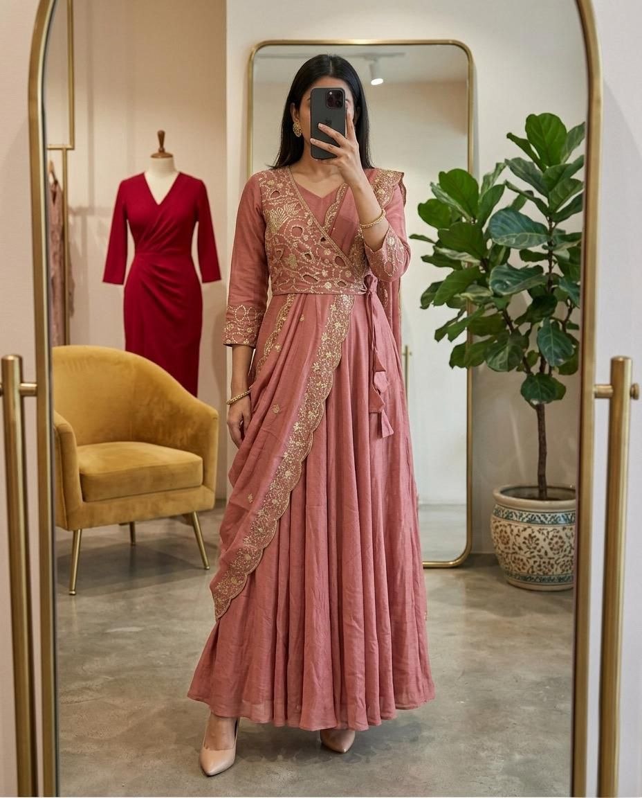 Shopping embroidery vichitra silk peach anarkali