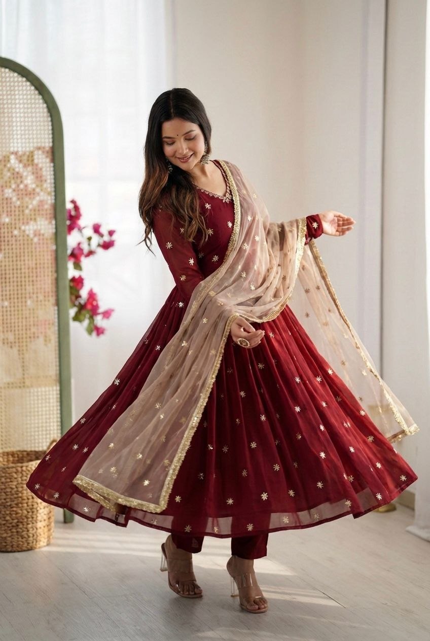 Gorgeous embroidery faux georgette maroon anarkali