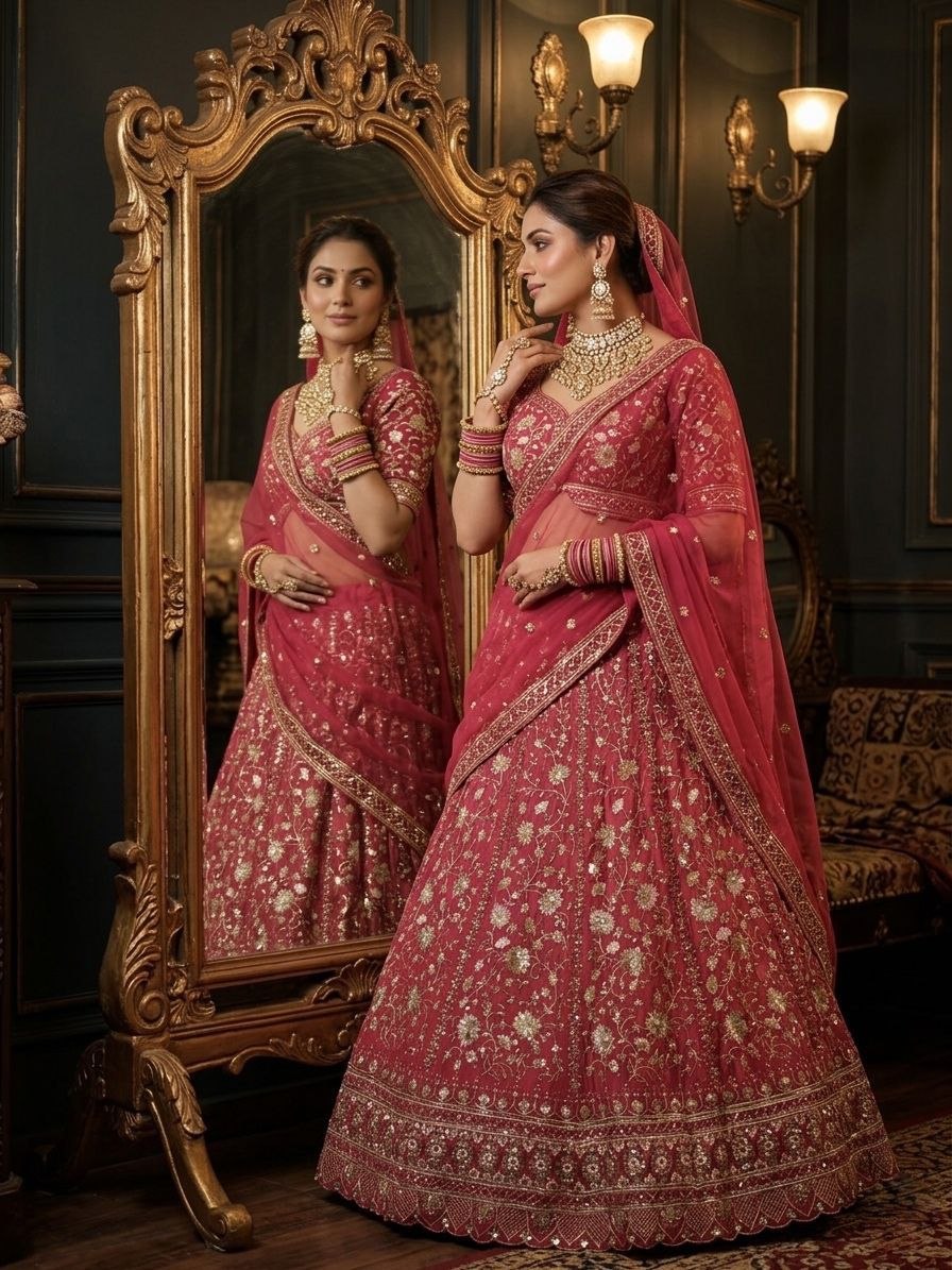 Bridal wedding embroidery faux georgette pink lehenga choli