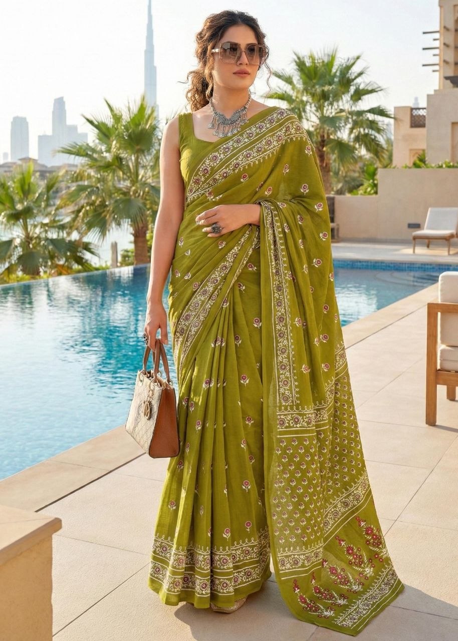 Satisfied soft pure cotton mehendi saree