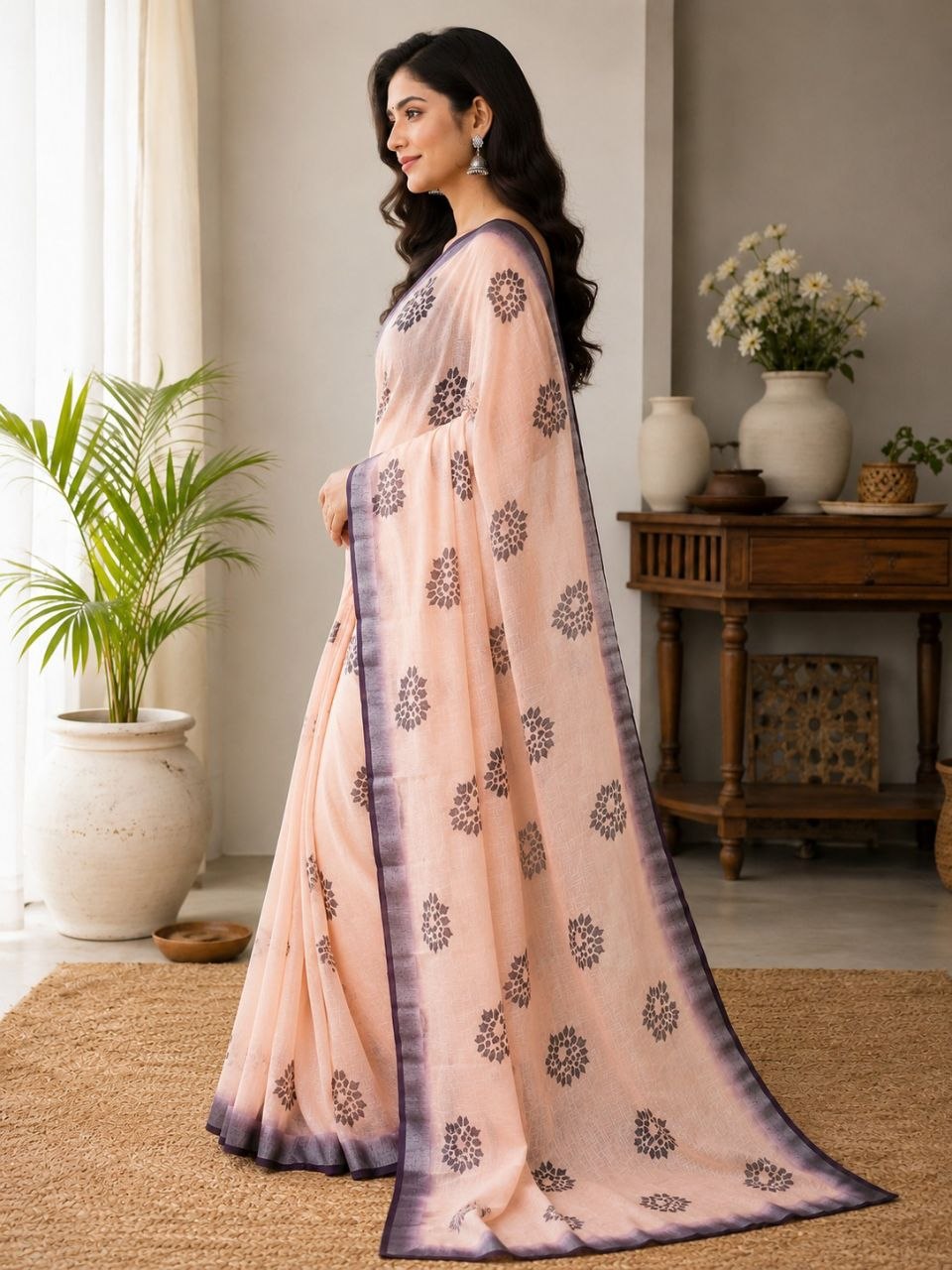 Exclusive digital print pure linen purple saree