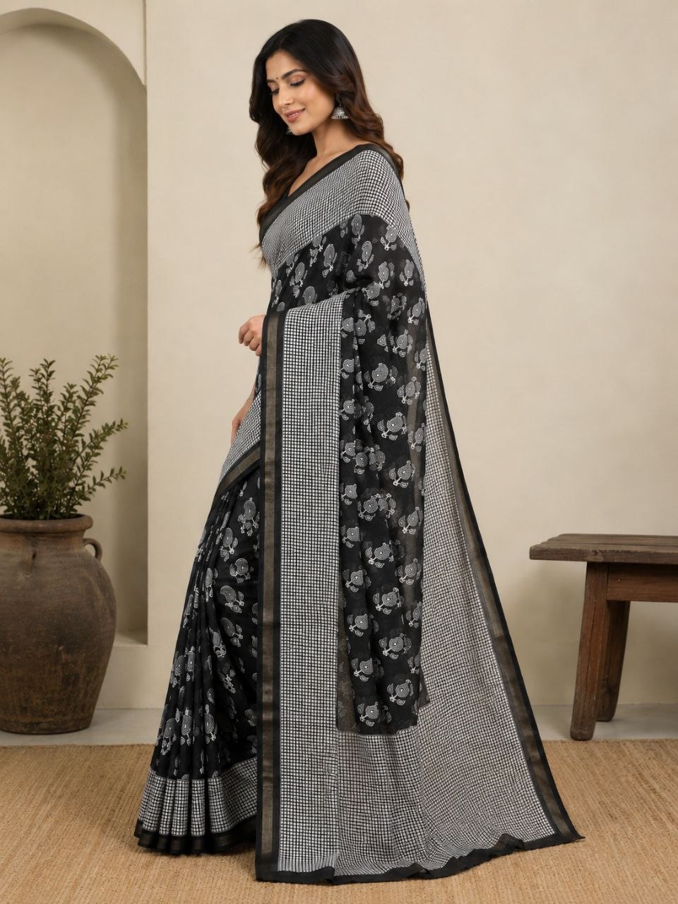 Gorgeous digital print pure linen black saree