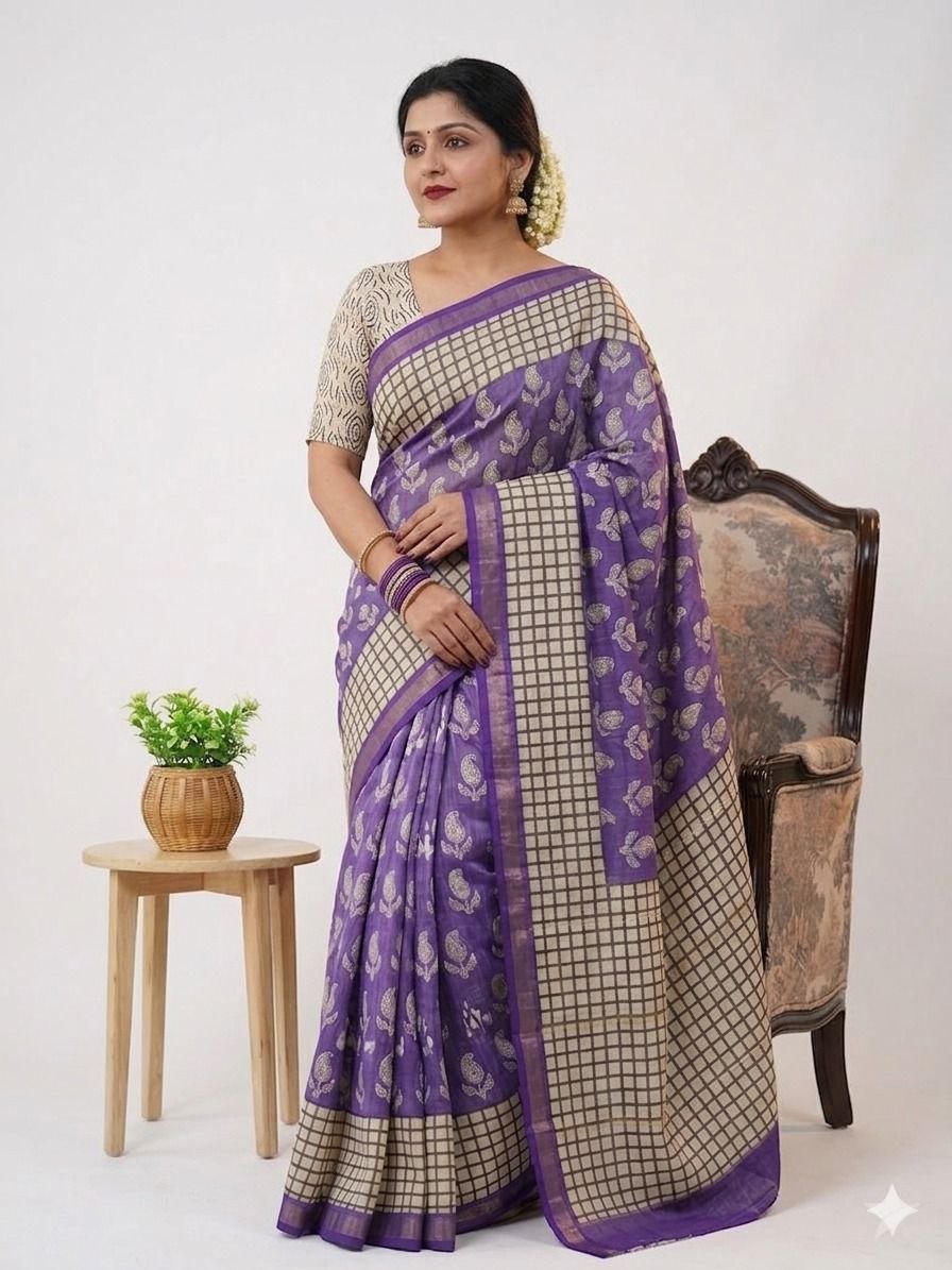 Comparable digital printed soft linen purple saree