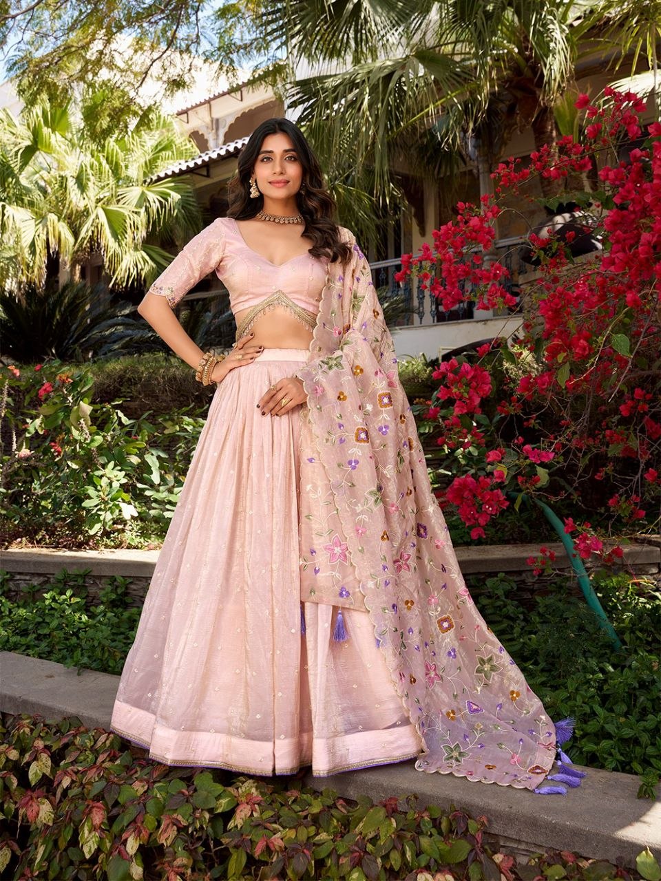 Gold crush embroidery sequence thread peach lehenga choli