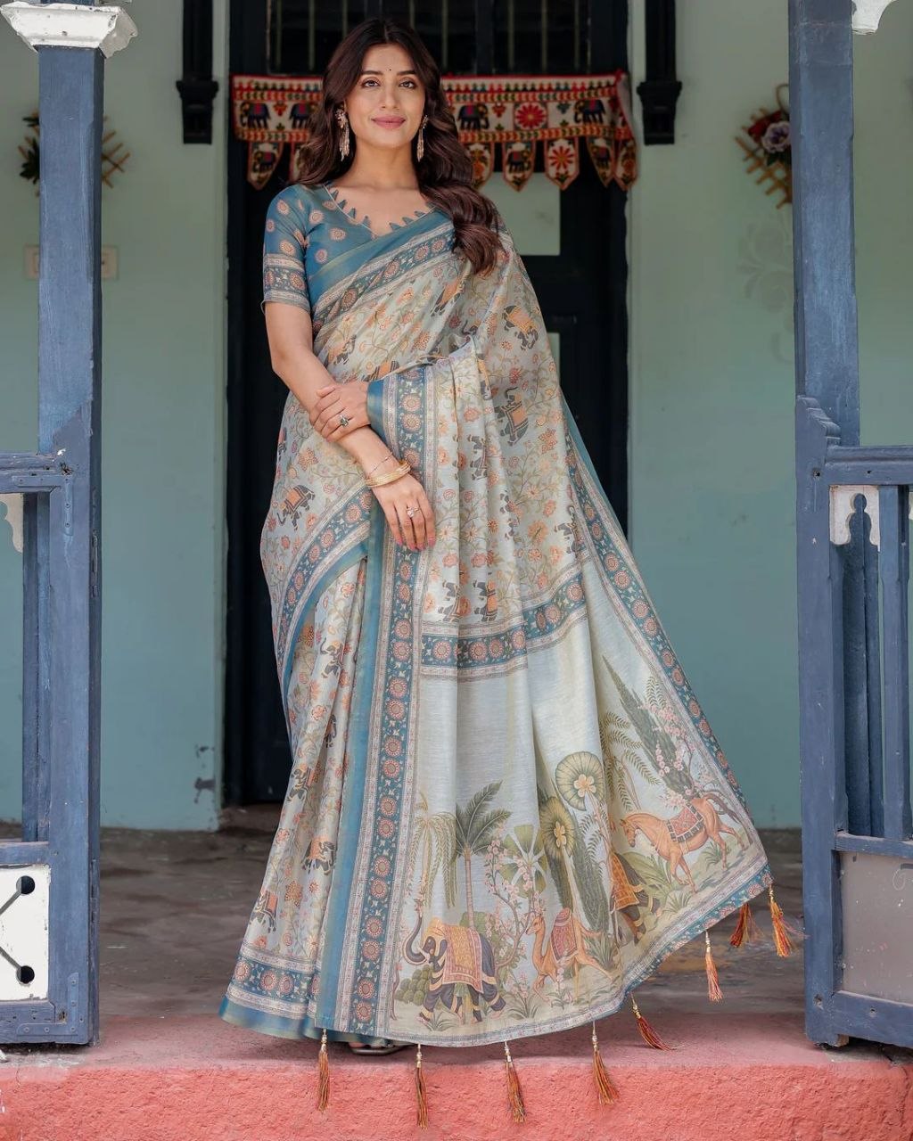 Authentic premium linen teal saree