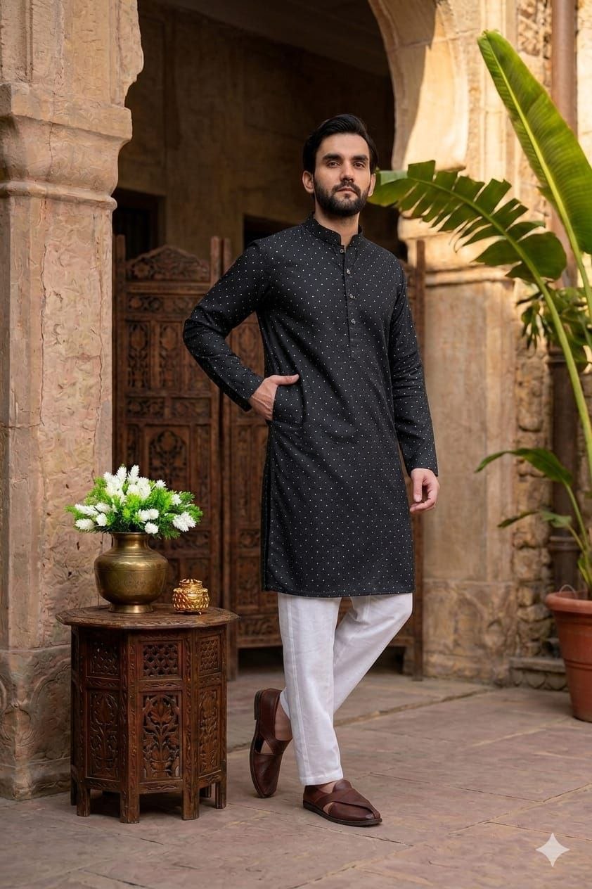 Excellent jacquard print cotton black kurta pajama