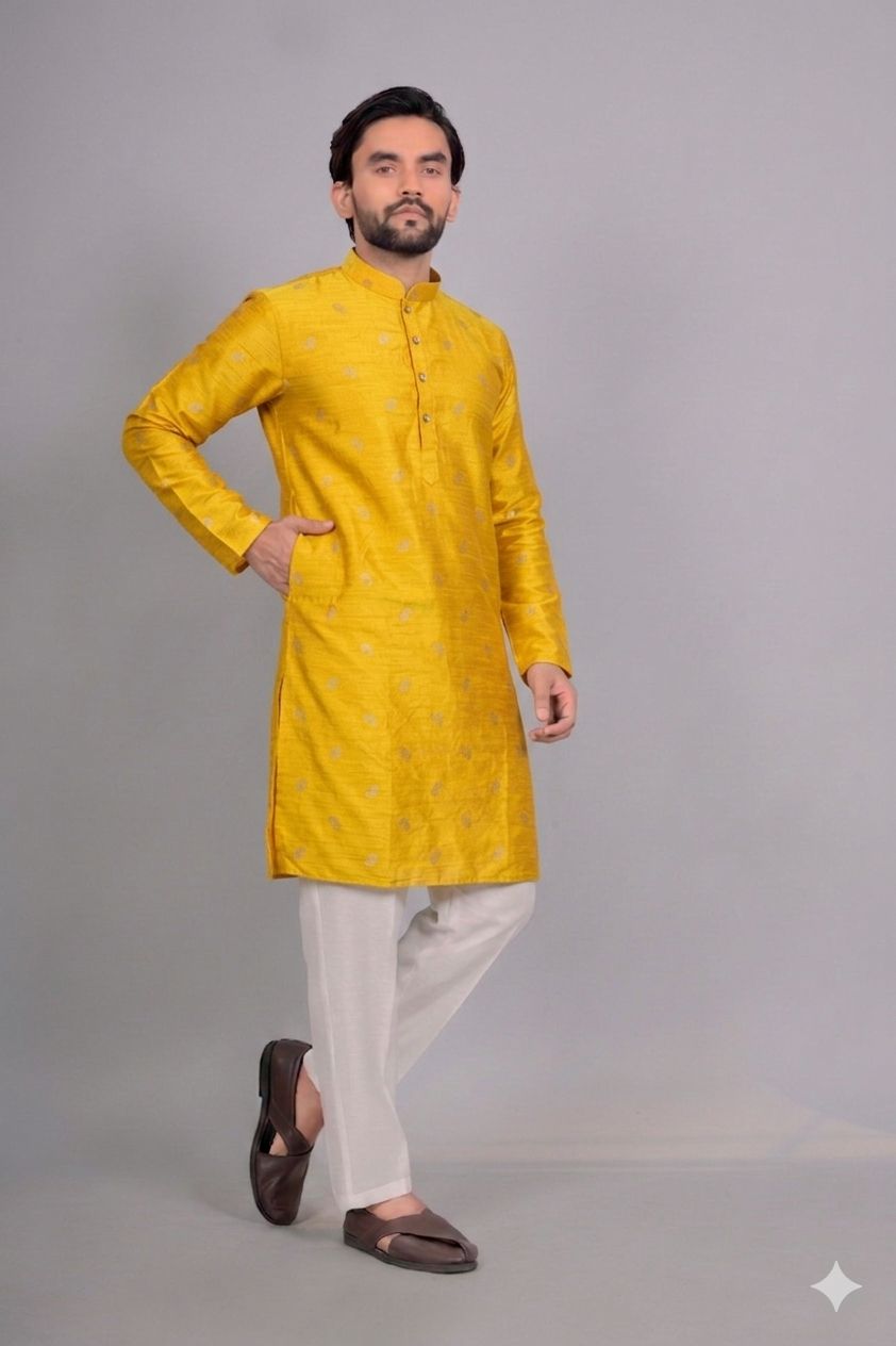 Presenting fancy jacquard print cotton yellow kurta pajama