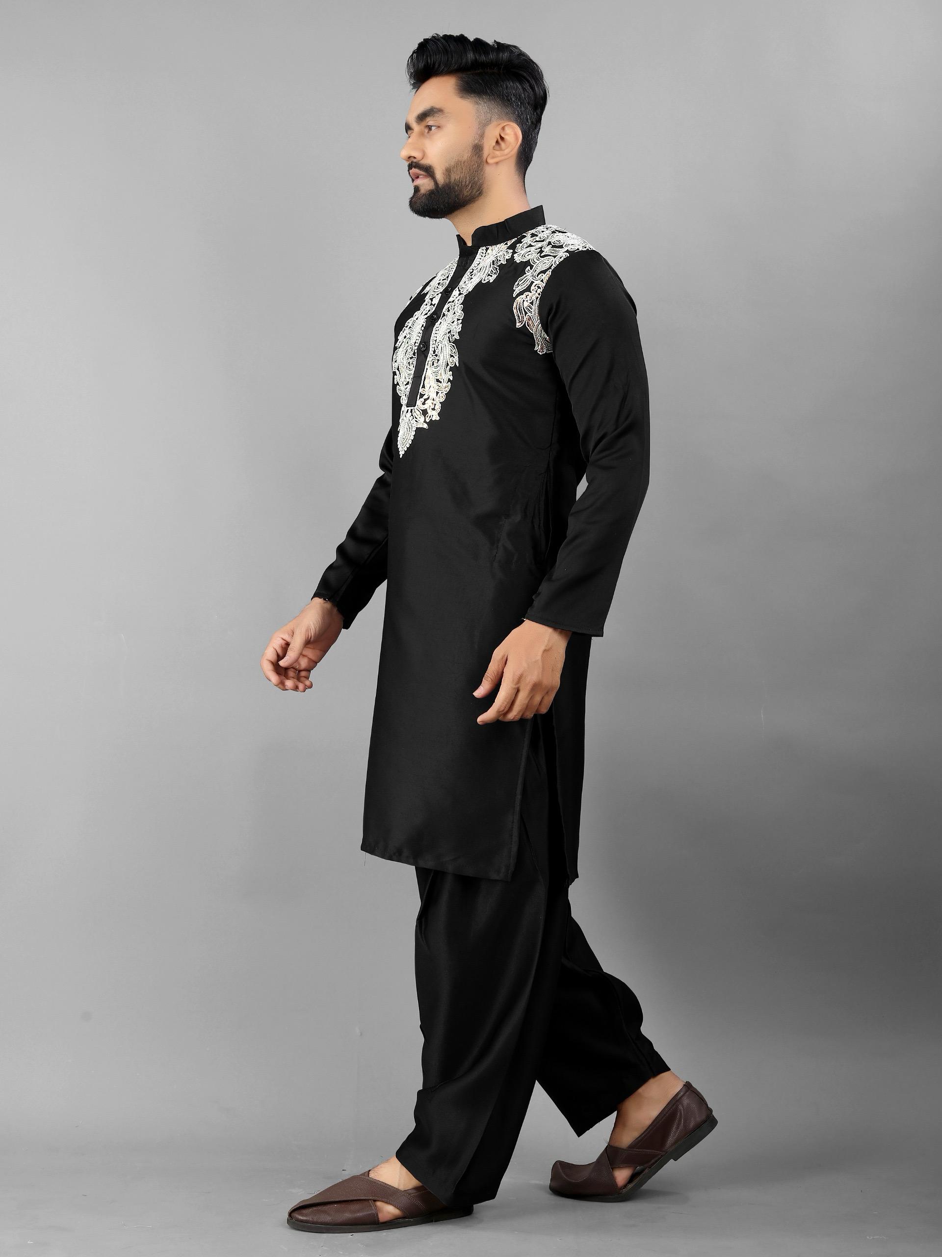 Luxurious embroidery satin silk black kurta pajama