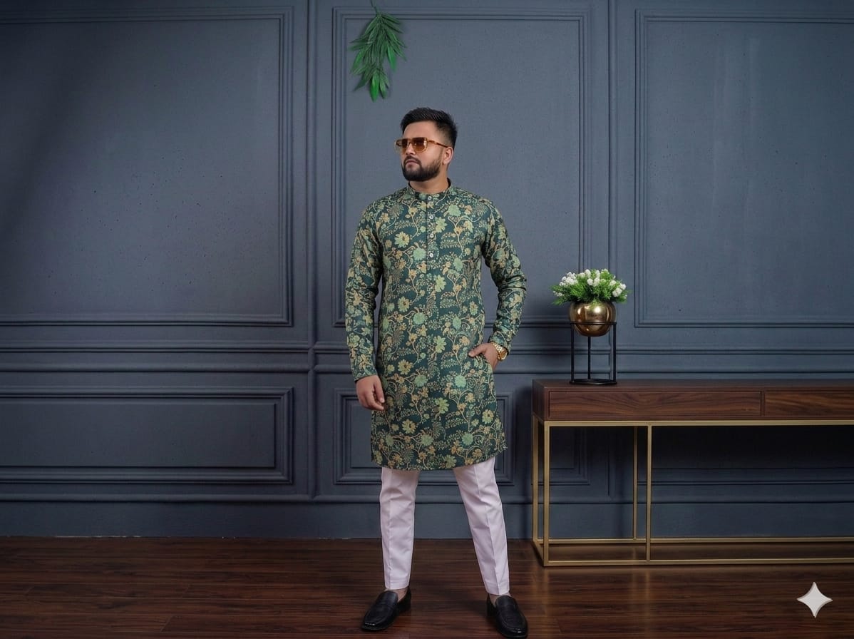 Availability printed pure cotton green kurta pajama