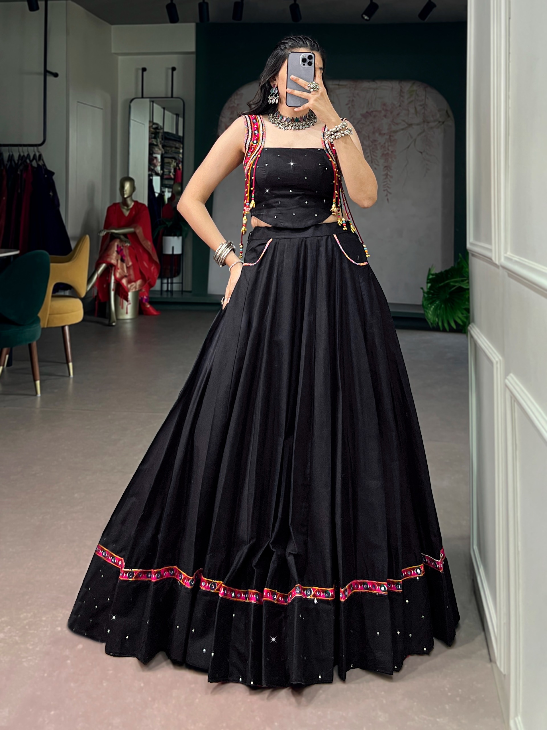 Navratri special mirror cotton black lehenga choli