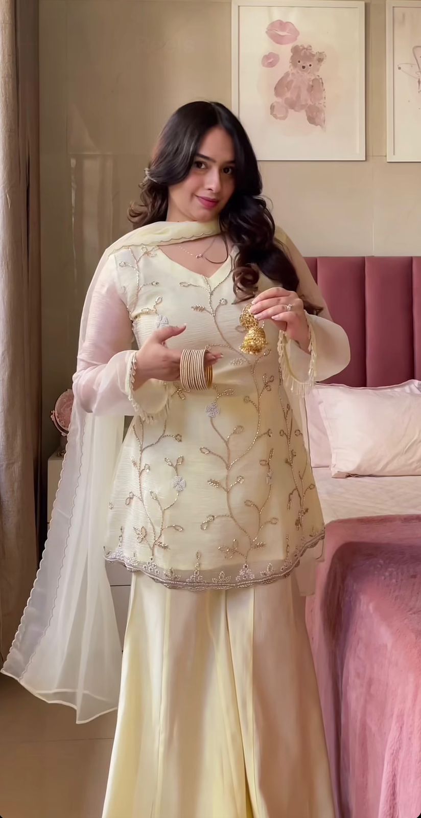 Gorgeous embroidery georgette silk cotton cream palazzo suit