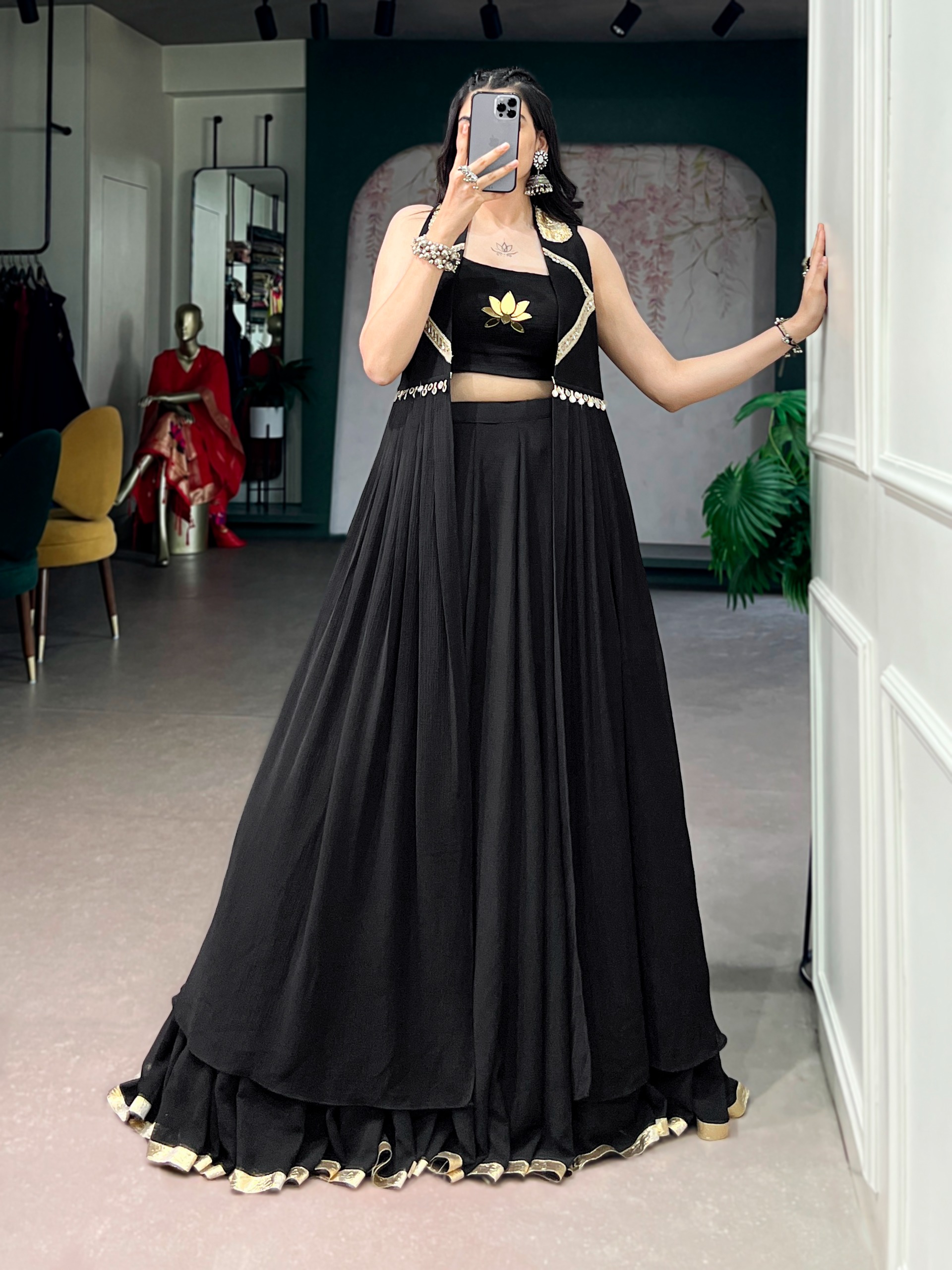 Presenting stitching handwork cotton black lehenga choli