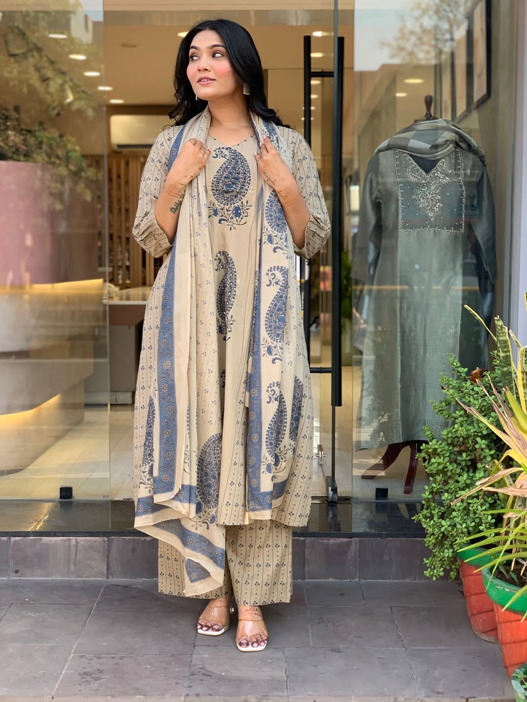 Exclusive digital print silk blue suit set
