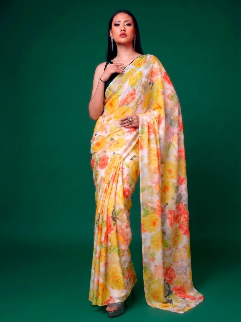 Excellent floral print soft silk yellow saree