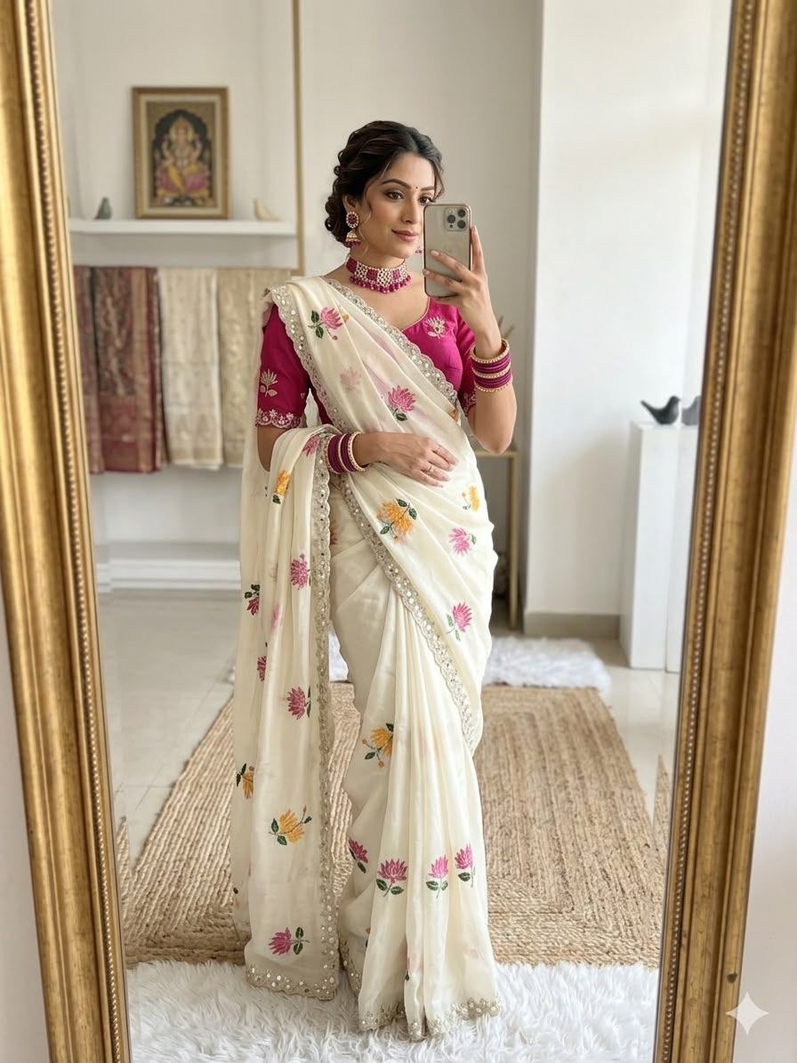 Gorgeous embroidery rangoli silk white saree