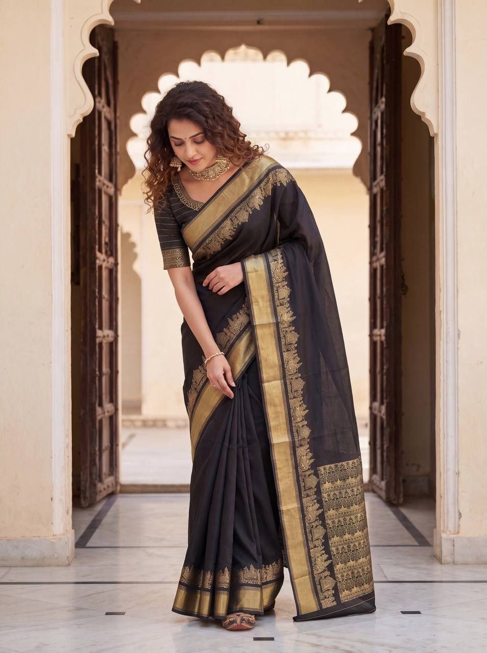 Breathable lichi silk black saree