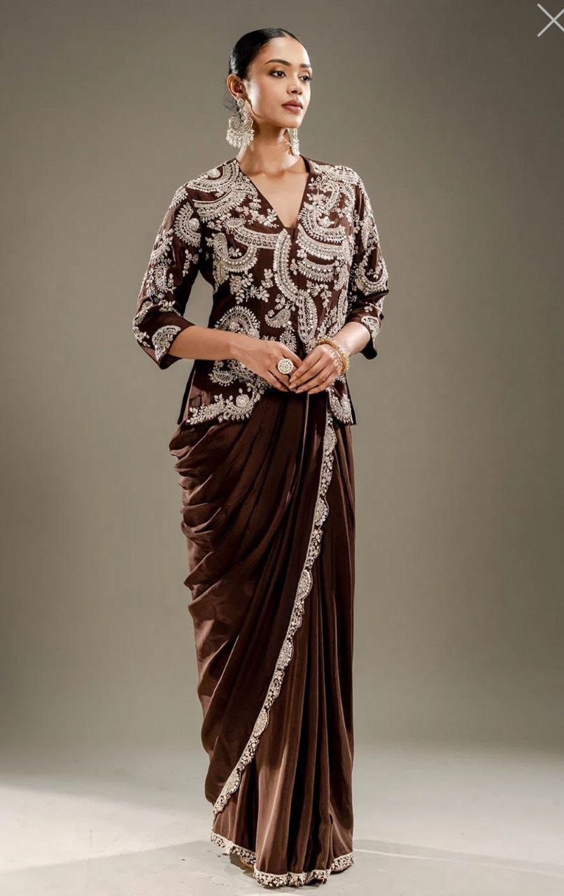 Gorgeous embroidery full stitched coffee saree