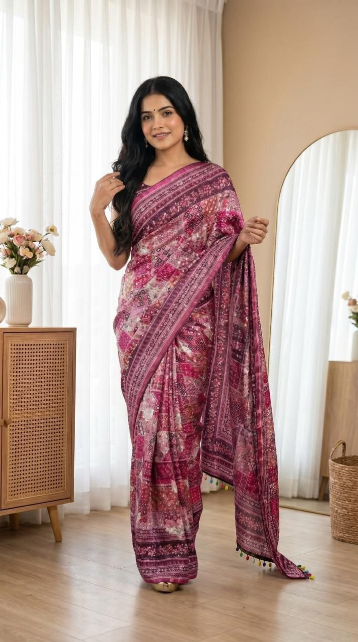 Designation mirror roman silk pink saree