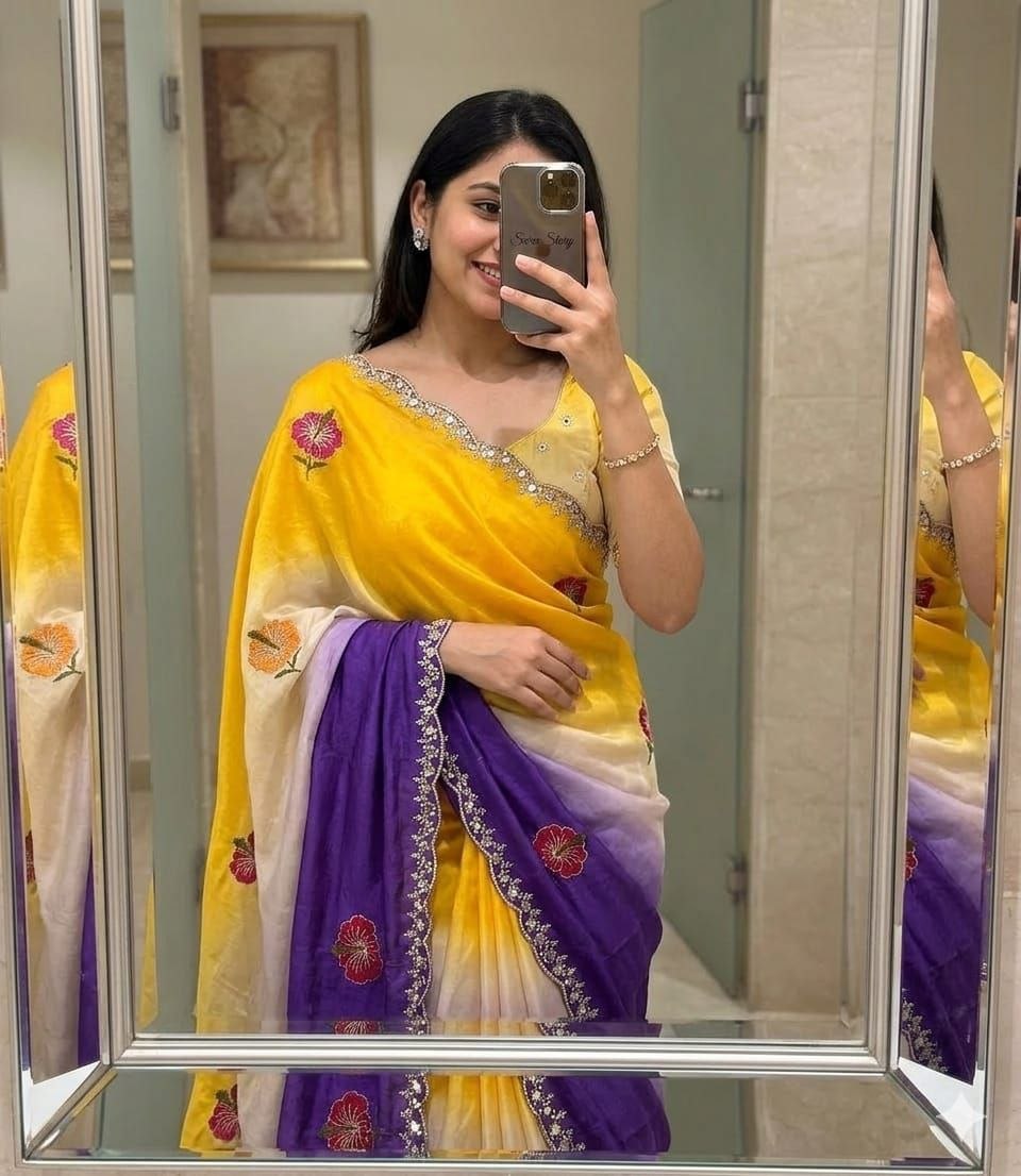 Traditional mirror chinnon silk yellow saree