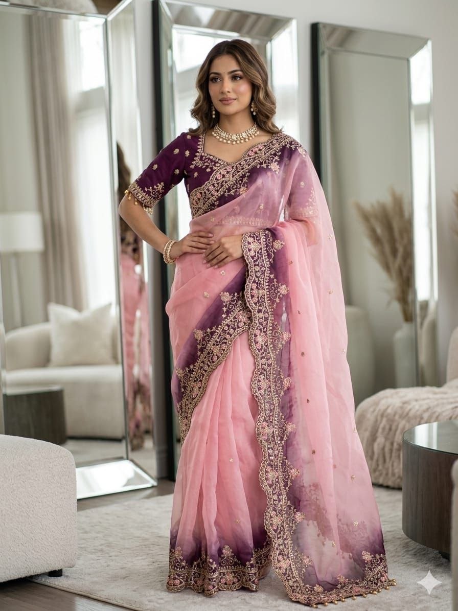 Excellent embroidery raw silk purple saree