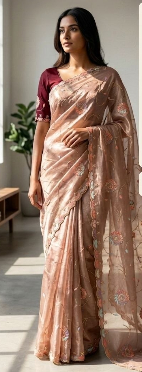Exclusive embroidery chiffon chiku saree