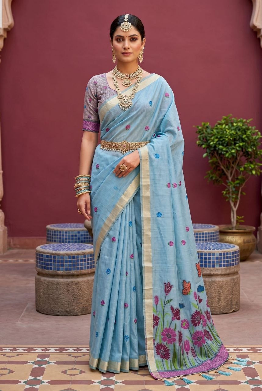 Designation weaving mufa cotton blue saree