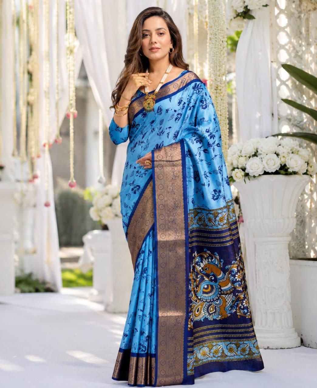 Traditional printed cotton blue saree