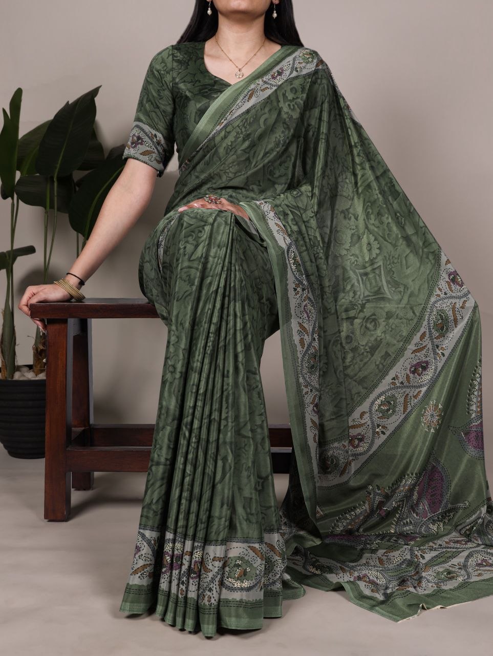 Dream printed crepe green saree