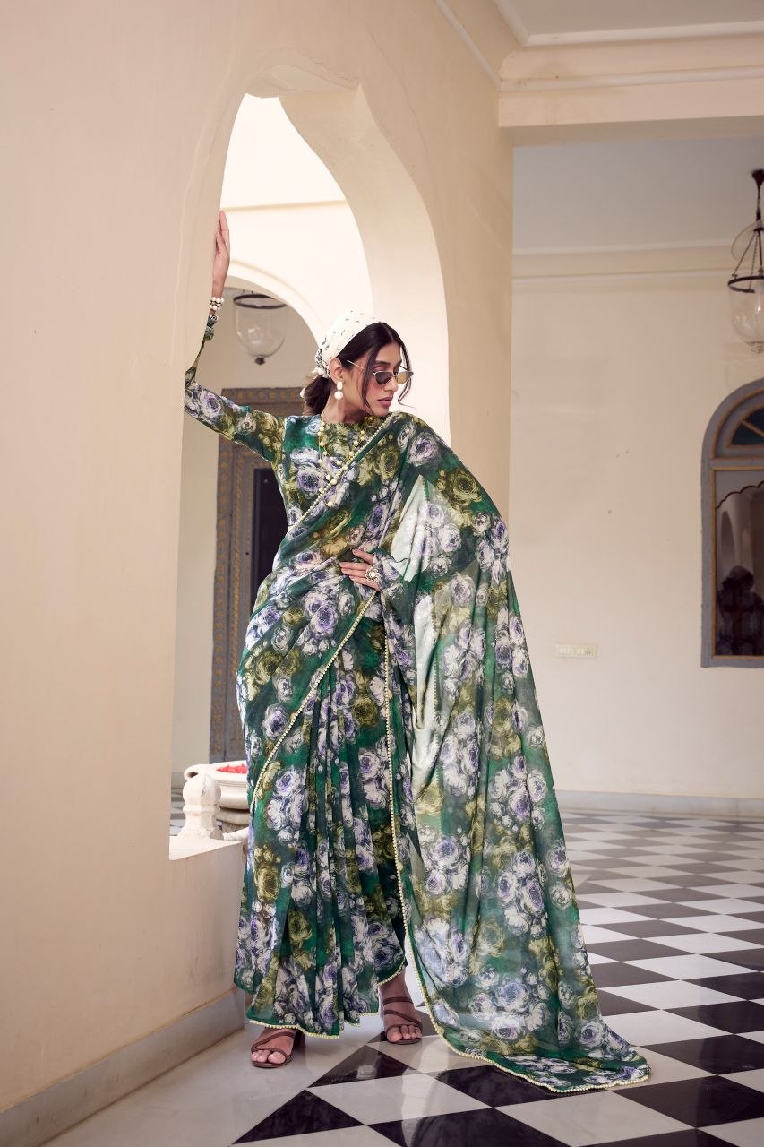 Designation floral print marbal green saree