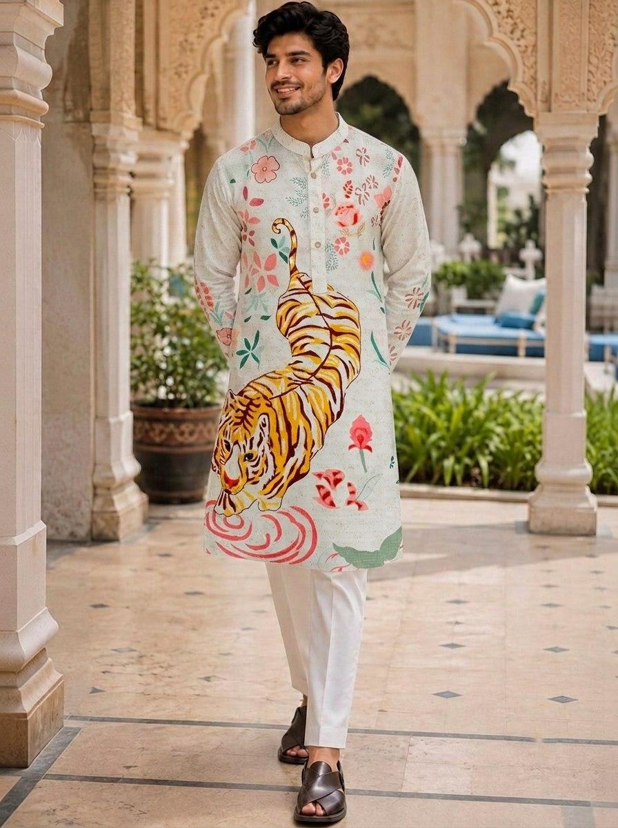 Exclusive sequence cotton white kurta pajama