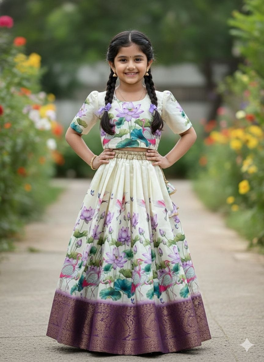 Exclusive print silk cotton cream lehenga choli