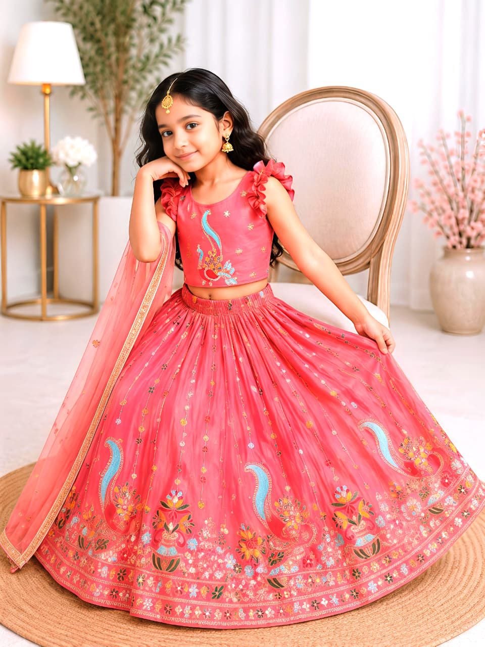 Presenting embroidery sequence silk pink lehenga choli