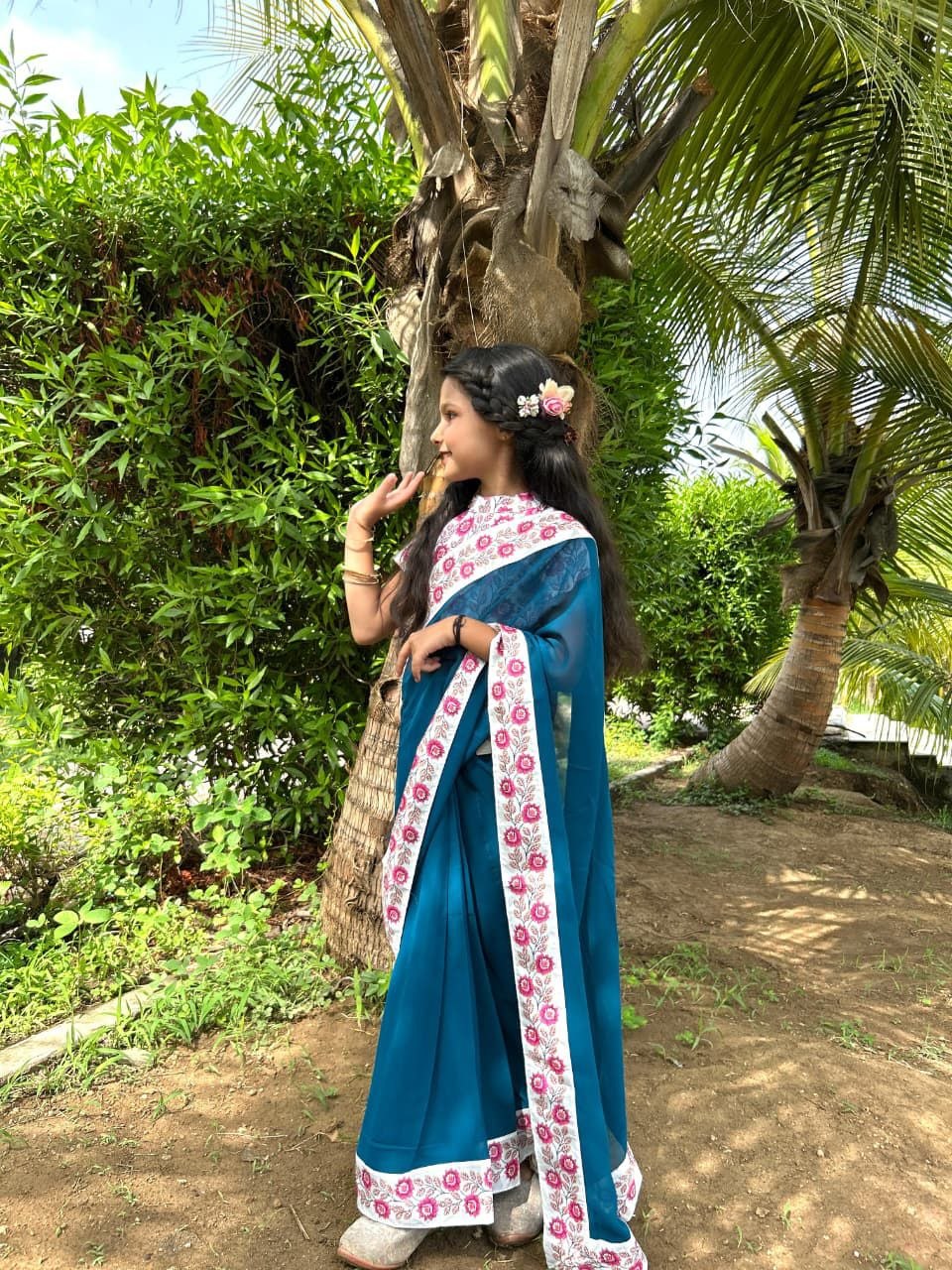 Availability printed stitched dola silk teal saree