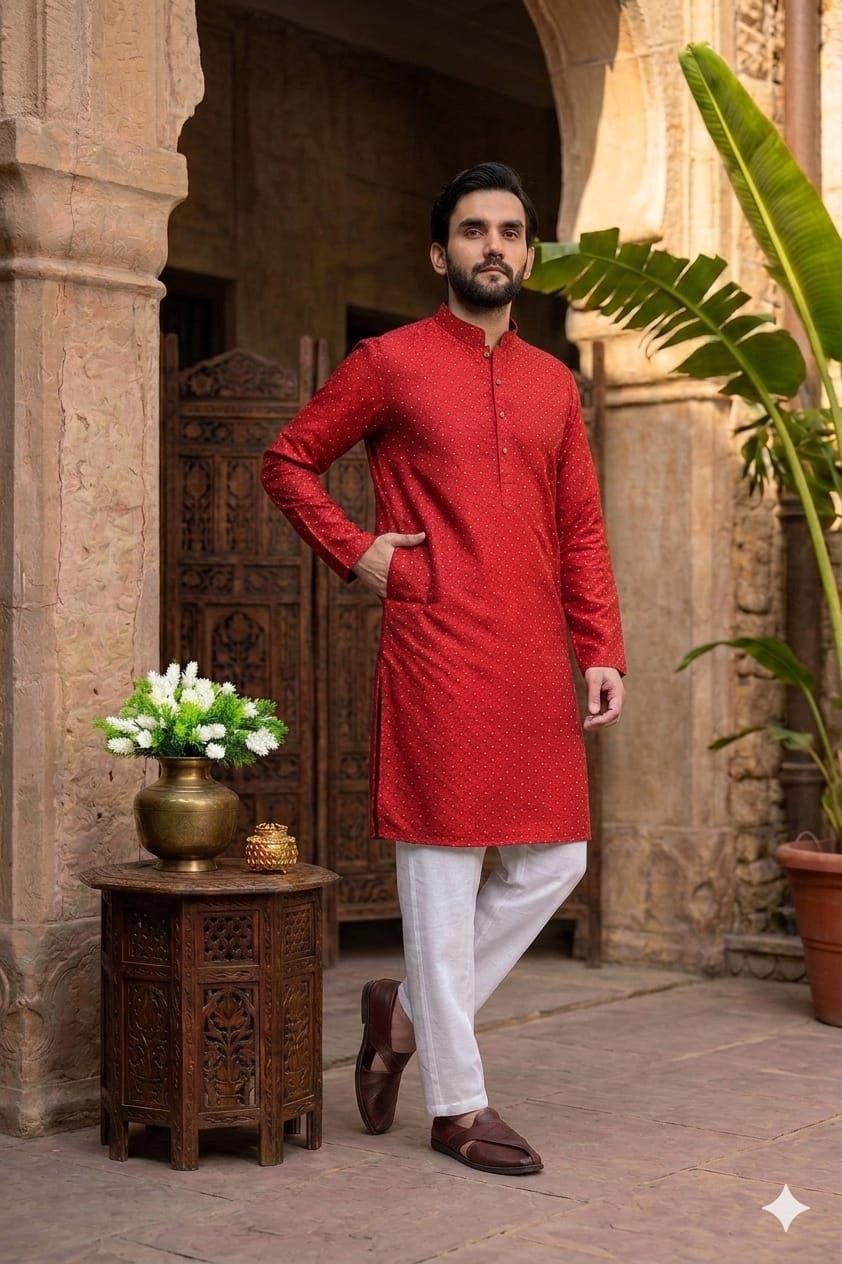 Exclusive jacquard cotton red kurta pajama