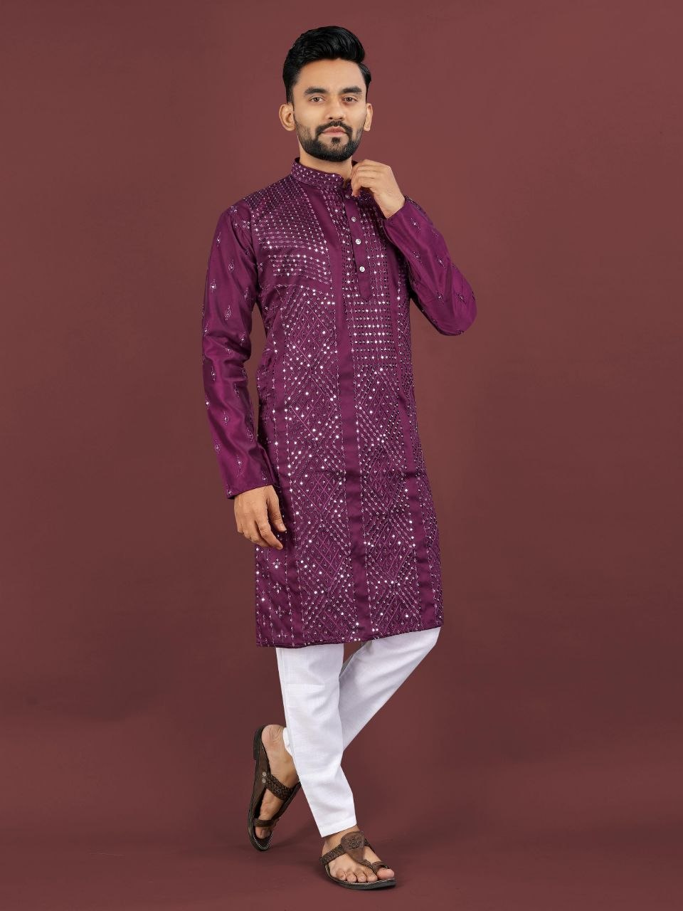 Traditional sequence embroidery silk purple kurta pajama