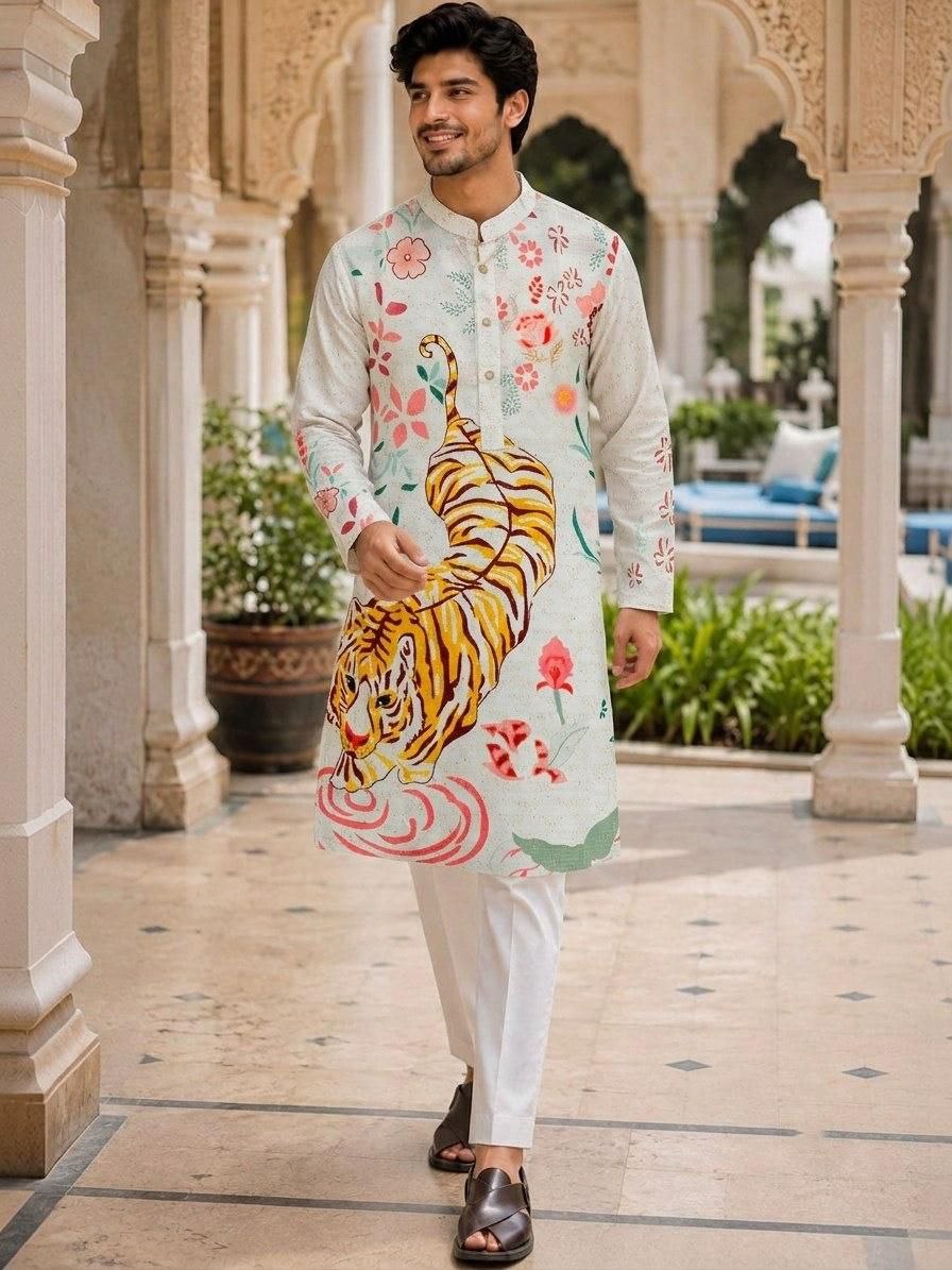 Presenting sequence digital print cotton white kurta pajama