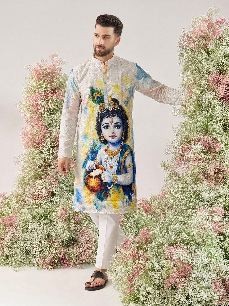 Traditional sequence cotton white kurta pajama
