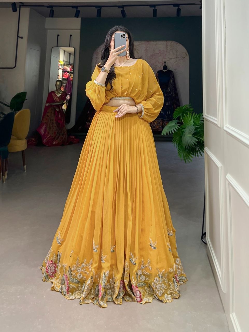 Lightweight sequence thread georgette yellow lehenga choli