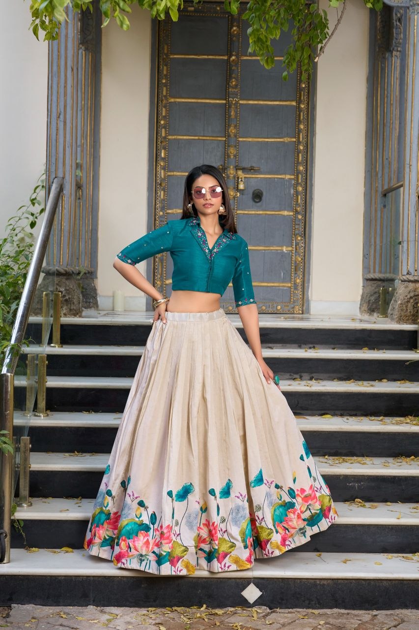 Beautifulness stitched print tussar silk teal lehenga choli