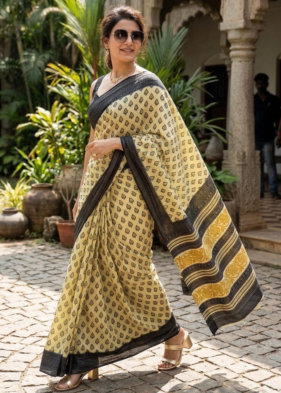 Presenting printed mulmul cotton black saree