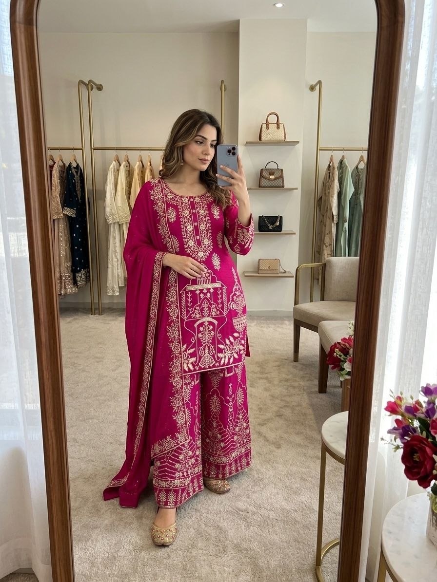Launching sequence embroidery cotton pink Palazzo set