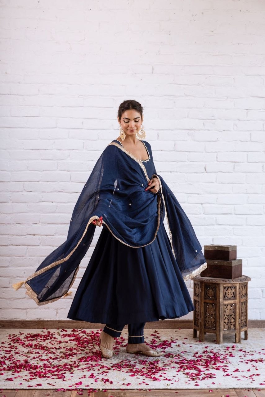Premium stitched silk cotton blue anarkali