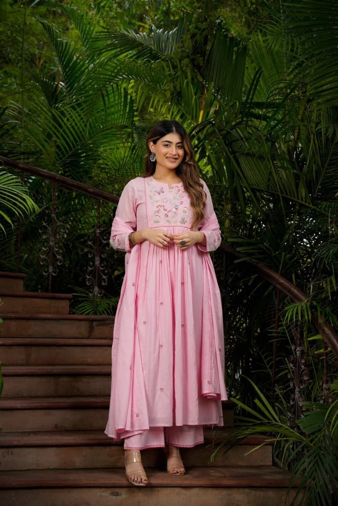 Specialties embroidery chanderi silk pink kurti set